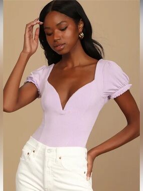NWT Lulus Tell Me Again Lavender Ribbed Puff Sleeve Bodysuit